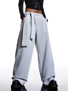 LYSMO 2025新款极简主义女士休闲加厚面料系带阔腿运动裤，秋冬季女士圣诞节新年感恩节时尚百搭系列 - 淺灰色 - 查看 3