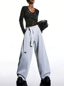 LYSMO 2025新款极简主义女士休闲加厚面料系带阔腿运动裤，秋冬季女士圣诞节新年感恩节时尚百搭系列 - 淺灰色 - 查看 1