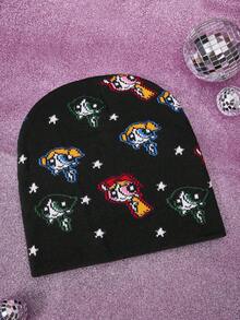 THE POWERPUFF GIRLS X SHEIN 1顶卡通花朵、泡泡、毛茛图案针织帽，时尚街头服饰 - A - 查看 2