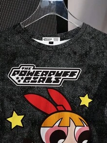 THE POWERPUFF GIRLS X SHEIN 女式休闲街头风格花朵、泡泡、毛茛图案落肩宽松短袖水洗 T 恤，夏季 - 白色 - 查看 3