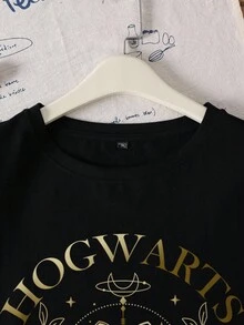 HARRY POTTER X SHEIN 大码字母与标志图案圆领短袖T恤 - 黑色 - 查看 4