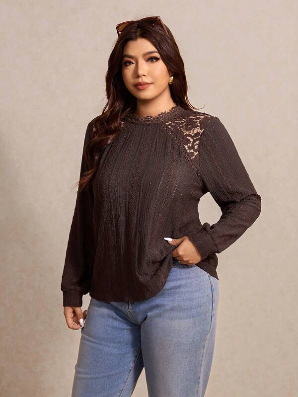 Elaquor Damen Große Größen Kontrast Spitze Langarm Elegantes T-Shirt