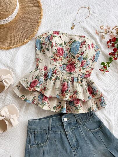 Soleia Winter And Summer  Christmas Women's Autumn/Winter New Vintage Ruffled Backless Crop Top, Suitable For Back To School, Casual, Vacation, Beach, Wedding Guest, Graduation, Brunch, St. Patrick's Day, Spring Break, Easter, Music Festival, Elegant Bohemian, Tropical Chic Strapless Summer Tops Strapless Flower Tops For Women Floral Tube Top Strapless Tops For Women Summer Tube Top New Year Clothes  Party  For Women Beach Elegant Tops For Women Formal