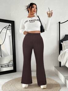 SHEIN EZwear 大码棕色高腰修身罗纹喇叭裤 - 棕色 - 查看 3