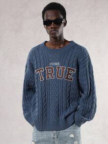 DAZY Men's Letter Embroidery Design Blue Striped Cable Knit Sweater, Autumn/Winter - Blue - View 1