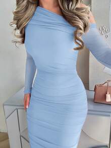 Jemour 女士春夏优雅褶皱网眼长袖中长连衣裙，适合约会、舞会 - 淺藍色 - 查看 3