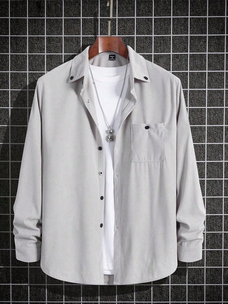 Manfinity Homme 男士纯色单排扣休闲长袖衬衫 - 淺灰色 - 查看 1