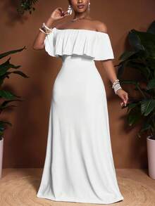 Slaydiva 2025 New Plus Size Women Versatile Casual Minimalist Design Backless Ruffle Trim Fitted Dress - White - View 1