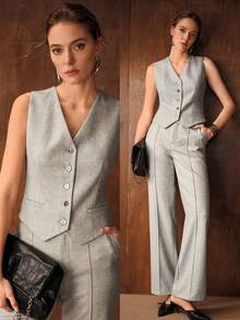 MOTF PREMIUM WOOL BLEND V-NECK SINGLE BREASTED PLACKET BLAZER VEST , FALL WINTER - Light Grey - View 1