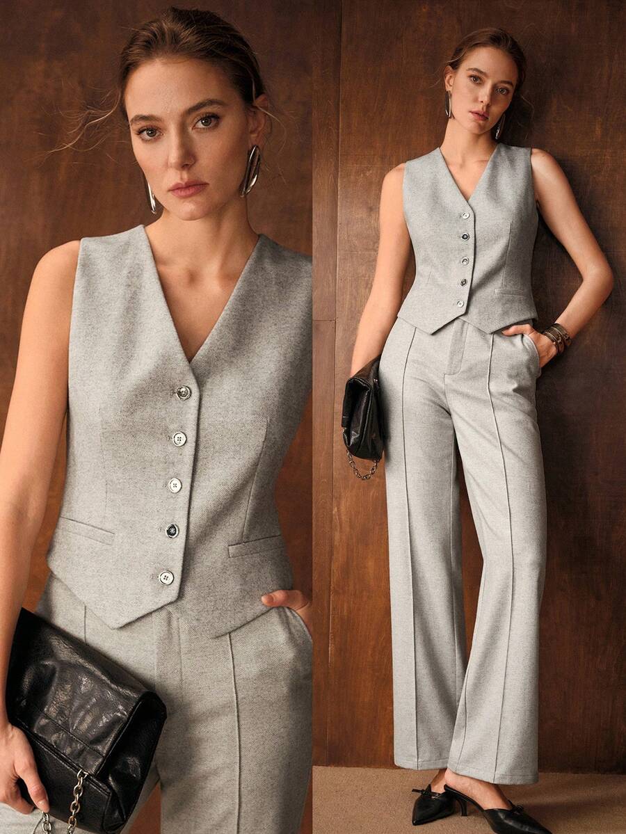 MOTF PREMIUM WOOL BLEND V-NECK SINGLE BREASTED PLACKET BLAZER VEST , FALL WINTER - Light Grey - View 1