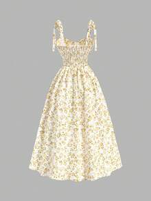 SHEIN MOD 女款白色與黃色花卉印花綁帶夏季長洋裝，鄉村風野餐風，適合春季度假、海灘穿著，波希米亞風婚禮賓客裝 - 黃色 - 查看 2