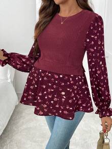 SHEIN Áo thun cho con bú cổ tròn tay dài họa tiết hoa chắp vá dành cho bà bầu - Màu Đỏ Sâu - Xem 6