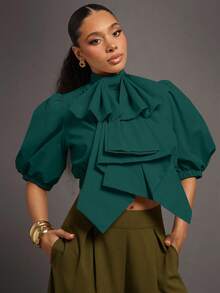 Vixey Áo dệt tay phồng nơ phóng đại có khóa kéo - Màu xanh lá cây đậm - Xem 5