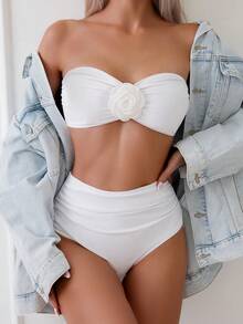 SHEIN Swim Women's Solid Color 3D Floral Decor Swimsuit Set - White - View 3