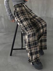 FRIFUL 女士格子抽绳腰直筒休闲裤，百搭 - 黑色 - 查看 4