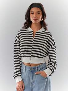 Glamine Chaqueta casual con cremallera de manga larga, cuello de béisbol elástico de punto en blanco y negro, adecuada para uso diario