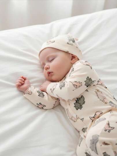 SHEIN Newborn Apricot Color Cute Dinosaur Allover Print Long Sleeve Jumpsuit With Hat And Gloves Set, Casual Romper