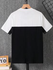 SHEIN Teen Boys' Contrast Color Round Neck Short Sleeve T-Shirt, Casual, Comfortable, Fashionable, Versatile, Soft Fabric, Suitable For Daily Wear, School, Outings, Outdoor Sports, Spring/Summer, Holidays, Beach Vacation Teen T Shirt Teen Boy Clothes T Shirt Streetwear Teen Shirts - Black and White - View 5