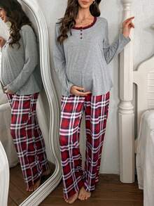 Moonlight&Mama 2pcs Maternity Sleepwear Set: Contrast Lace Crew Neck Long Sleeve Top And Plaid Print Pants, Winter - Light Grey - View 6