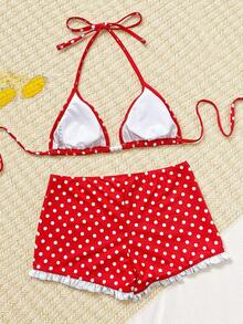 Bonvoyette 2件套红色波点图案露背系带荷叶边短裤性感时尚可爱泳衣比基尼套装，女士春夏款 - 紅白色 - 查看 2