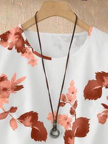 SHEIN LUNE 2件套女士碎花圆领短袖上衣和裤子，新年休闲装 - 鏽棕色 - 查看 6