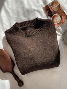 Comfortcana Áo len dài tay cổ tròn màu trơn thường ngày cho nữ, mùa thu/đông - Cà phê nâu - Xem 3