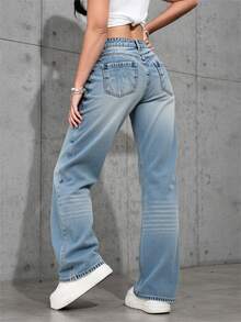 Pantalones Vaqueros Anchos de Mujer de Cintura Alta, Estilo Vintage con Detalles Únicos, Confortables y Versátiles - Azul claro - Ver 5