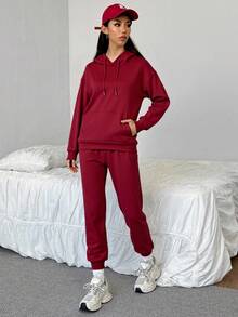 Versión relajada del tamaño extra grande sudadera con capucha para mujeres y pantalones largos de dos piezas - Jujube - Ver 1