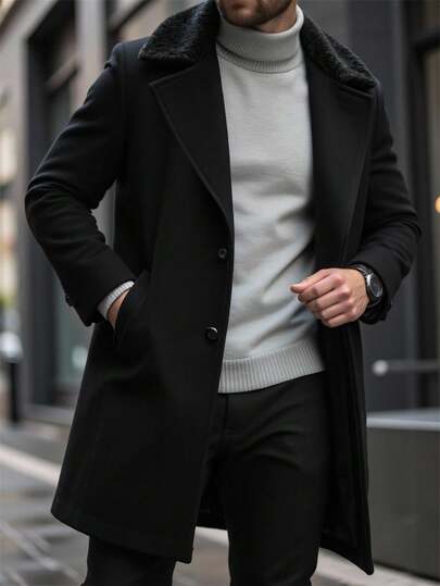 Manfinity Mode Herrkappa i plusstorlek, enfärgad med ficka och knapp fram, långärmad, svart höstkappa för män, herrkappa med pälskrage för män, svart lång kappa