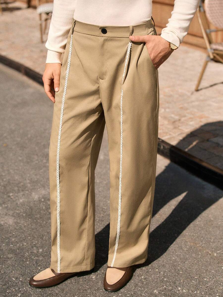 Manfinity VCAY 男士口袋宽松阔腿休闲裤，百搭男士侧条纹阔腿裤，卡其色阔腿裤，高腰阔腿裤 - 卡其色 - 查看 1