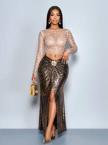 SOLERSUN Women's Elegant Brown And Gold Leopard Print Maxi Skirt,Metal Decor Waist Twist Slit High-End Metallic Texture,Autumn Hot Seductive Night Party - Black - View 6