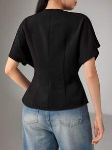 Heiryn 女士时尚通勤蝙蝠袖斜襟衬衫，夏季 - 黑色 - 查看 3
