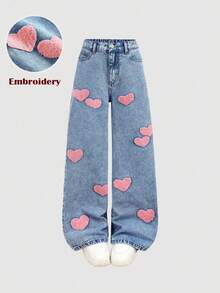 SHEIN Quần denim xanh rộng rãi thêu họa tiết trái tim hồng cho bé gái - Rửa trung bình - Xem 2