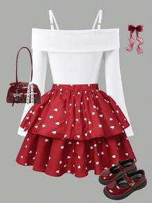 SHEIN Sparklyn 少女时尚优雅T恤套装，白色针织上衣搭配黑色梭织蛋糕裙，上衣饰有黑色蝴蝶结，裙子饰有珍珠。 - 酒紅色 - 查看 2