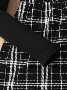 SHEIN 少女优雅通勤短袖罗纹长袖T恤和格子纽扣粗花呢迷你裙套装 - 黑色 - 查看 4