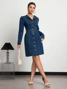 Elenzga Váy denim tay dài thắt eo màu trơn có túi - Rửa tối - Xem 5