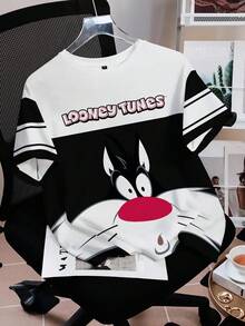 LOONEY TUNES X SHEIN Áo thun tay ngắn họa tiết hoạt hình Colorblock thường ngày dành cho nữ, mùa hè - trắng - Xem 5