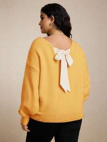 CosyJoli Suéter holgado de talla grande con cuello en V, lazo y espalda suelta - Amarillo - Ver 4