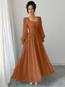 Modelyn 女士纯色心形领长袖系腰法式优雅中长连衣裙 - 橘色 - 查看 3