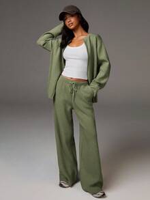 Athîral 休闲时尚百搭舒适宽松抽绳女式毛衣裤阔腿运动裤针织裤喇叭裤女式运动裤阔腿针织裤秋冬款 - 綠色 - 查看 4