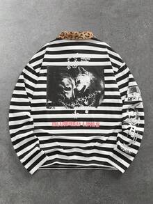 ROMWE MEN Street Life 男士字母和数字印花条纹 Polo 领长袖 T 恤 - 黑色 - 查看 2