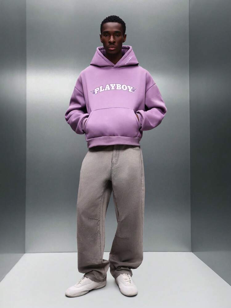 PLAYBOY X SUMWON Oversized Crop Fit Pullover Hoodie With Centre Pocket And Logo Print For Casual Streetwear