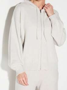KIZN Oversized Zip-Up Hooded Cardigan With Long Sleeves And Ribbed Knit Texture For Casual Layering - Grey - View 4
