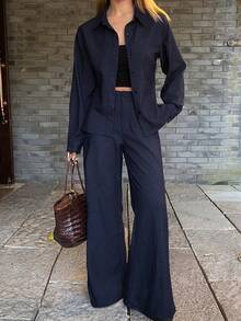 DAZY 女士牛仔衬衫配喇叭裤，优雅都市休闲牛仔套装 - 深色水洗藍 - 查看 1