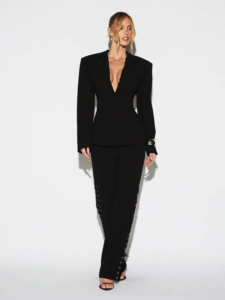 KIZN Lace Up Detail Wide Leg Palazzo Trousers With Side Eyelet Closure Full Length High Waist Casual Fashion Pants