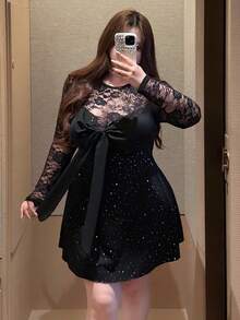 Vibekara 大码女式性感甜美紧身网纱蕾丝亮片拼接连衣裙 - 黑色 - 查看 8