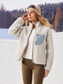 OutZeal 女士柔软保暖抓绒立领口袋拉链外套户外抓绒徒步露营秋冬季 - 米色 - 查看 7