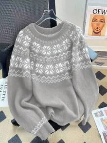 Franclia Women's Casual Fair Isle Pattern Crew Neck Christmas Sweater, Autumn/Winter Winter Sweaters Gray Sweater Knitted Sweater Women Sweater Cute Sweater