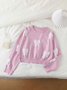Tween Girls Cute Pink Sweater, Oversized Bow Knit Pullover, Loose Fit Long Sleeve Cropped Top, Soft Back-To-School Clothes For Autumn Holiday - Pink - View 2