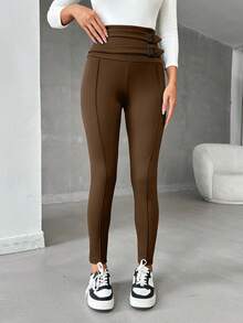 EURMUSE Women Belt Detailed Strech Legging Pant - Coklat - View 4